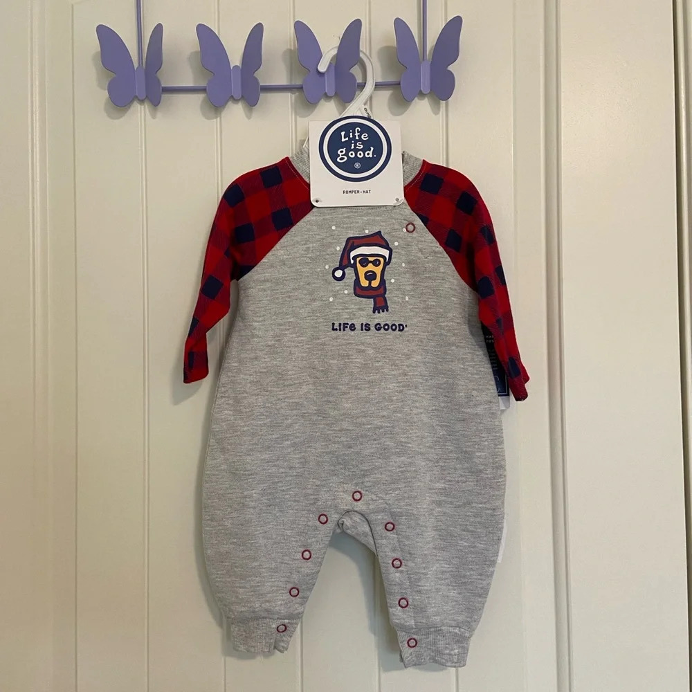 NWT | Life is Good baby gender neutral plaid‎ long sleeve onesie hat set 0-3 mo